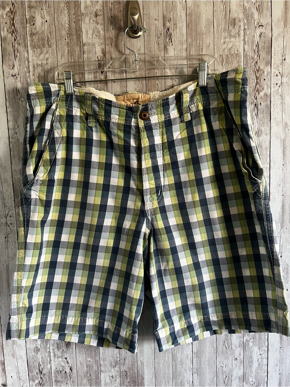 Hollister Vintage Y2K Green Navy White Plaid Flat Front Shorts Size 36